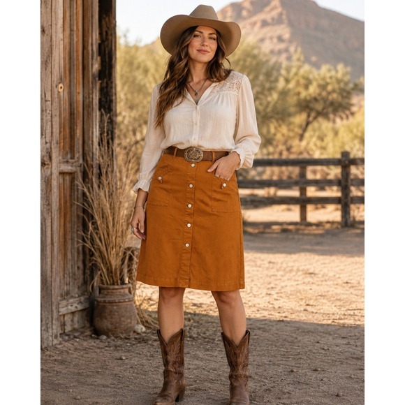 Cato Dresses & Skirts - Cato C Denim Est 1946 Womens Size 12 Rust Button Front Midi Skirt Boho Western